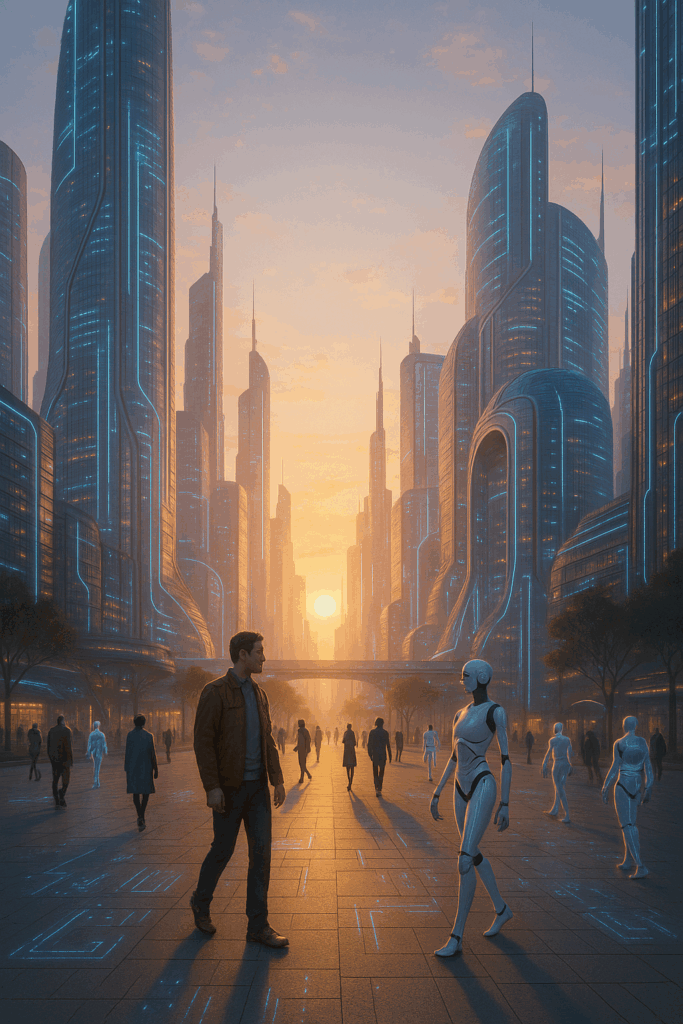 Stadt der Zukunft bei Sonnenaufgang – voller Technik, aber mit Menschen im Mittelpunkt: grüne Plätze, Interaktion, Wärme.