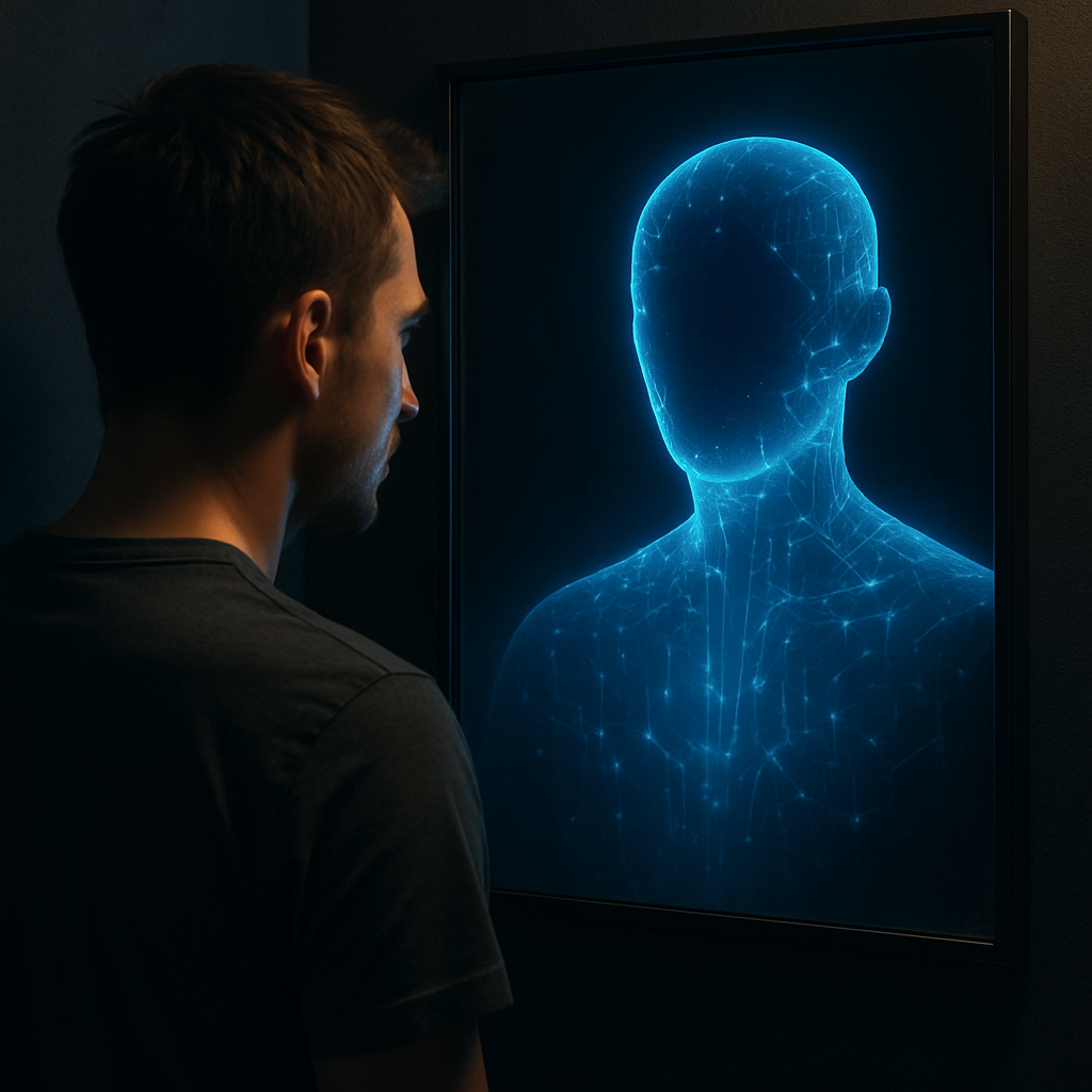 Ein Mensch steht vor einem Spiegel. Darin: nicht sein Spiegelbild, sondern eine leuchtende KI-Silhouette – als Spiegel des Menschseins.