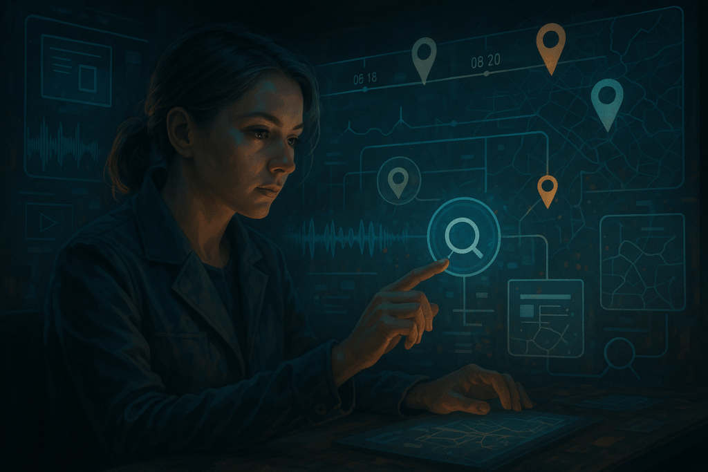 Detektivartige Figur oder Team arbeitet an mehreren Monitoren mit Checkliste und Tools offen sichtbar.