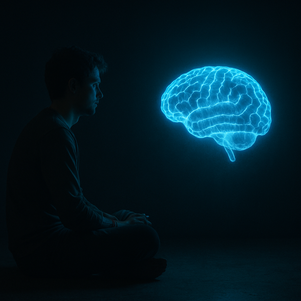 Porträt eines nachdenklichen Menschen mit einem leuchtenden Hologramm-Gehirn gegenüber – Emotion vs. Logik.