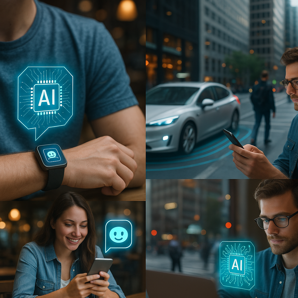 Szenencollage aus Alltagssituationen mit subtil eingebauter KI: Smartwatch, Chatbot, Navigation, selbstfahrendes Auto – alles „normal“, aber digital überlagert.