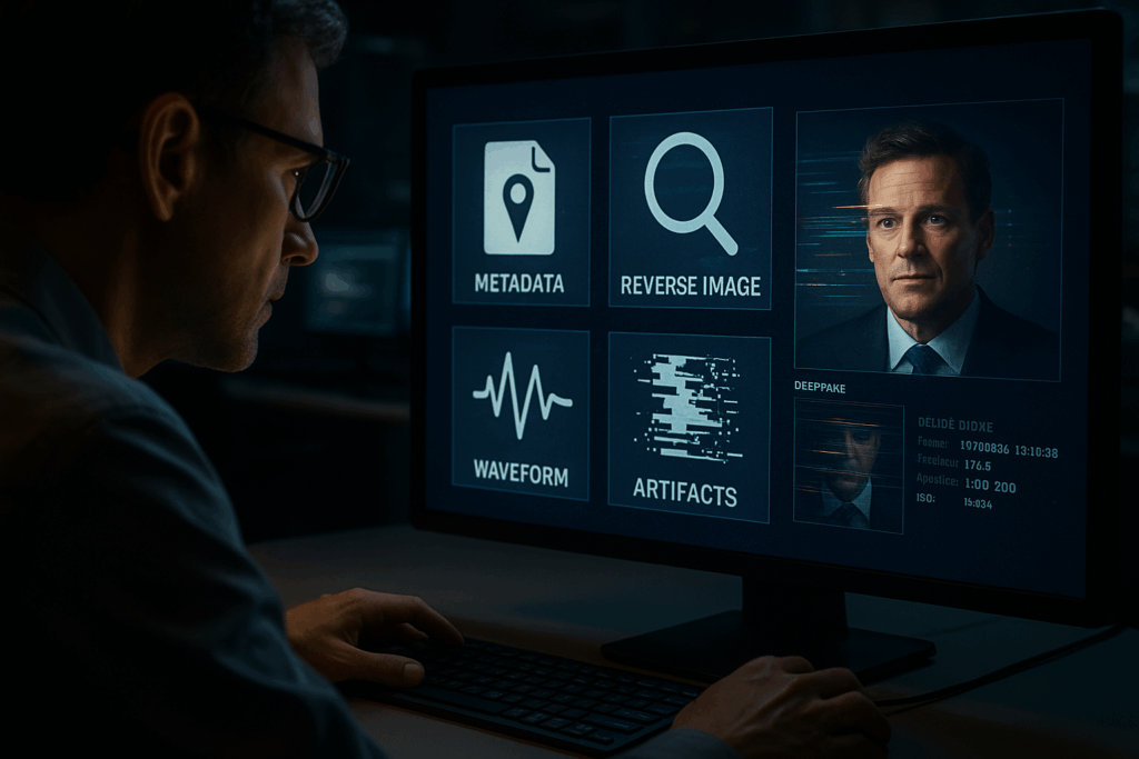 Eine Person mit AR-Brille analysiert ein Video – im Sichtfeld erscheinen Deepfake-Artefakte und Hinweise.