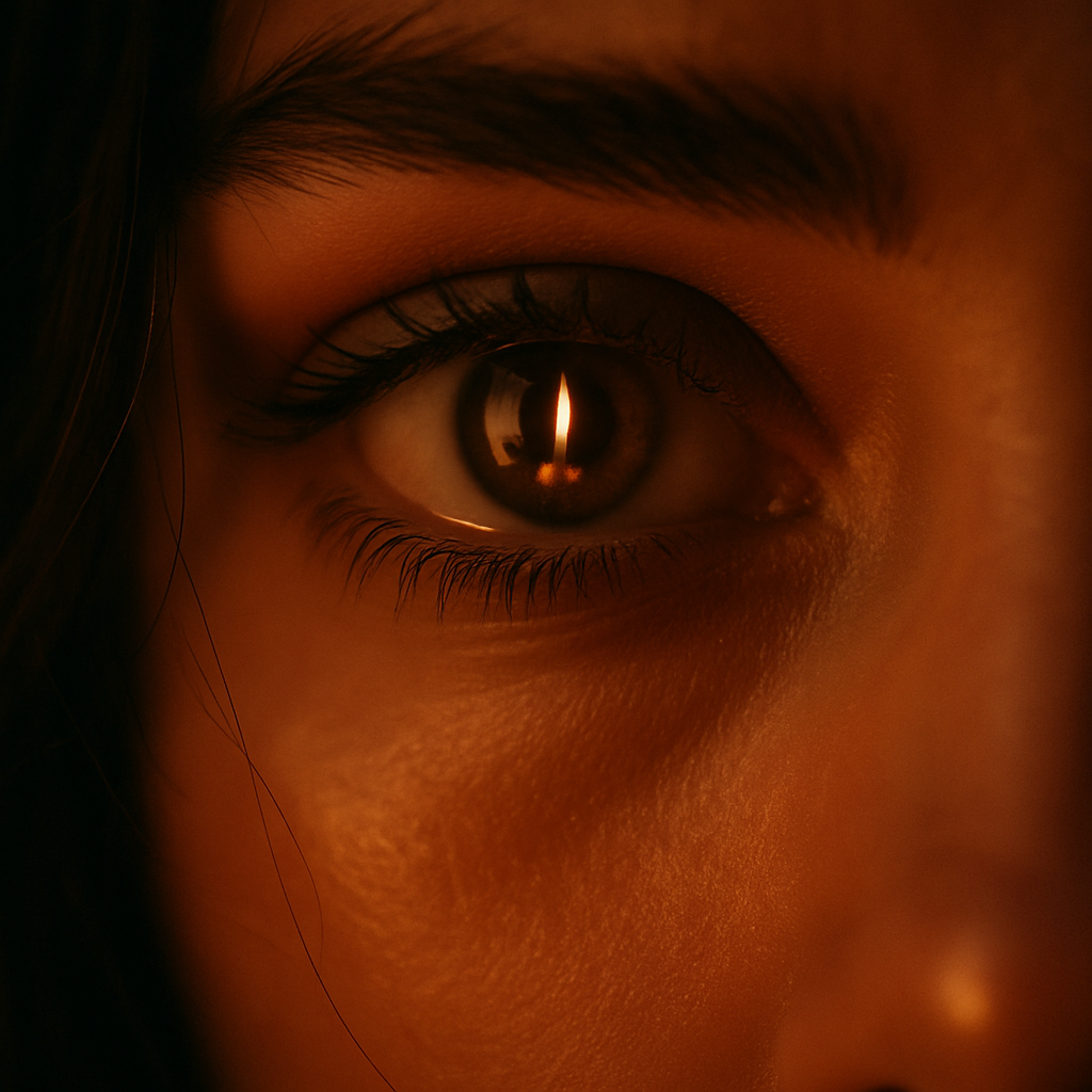 Close-up – Frau zwischen Licht und Schatten, Spiegelbild mit leicht verzerrtem Lächeln, Symbol für innere Dualität.