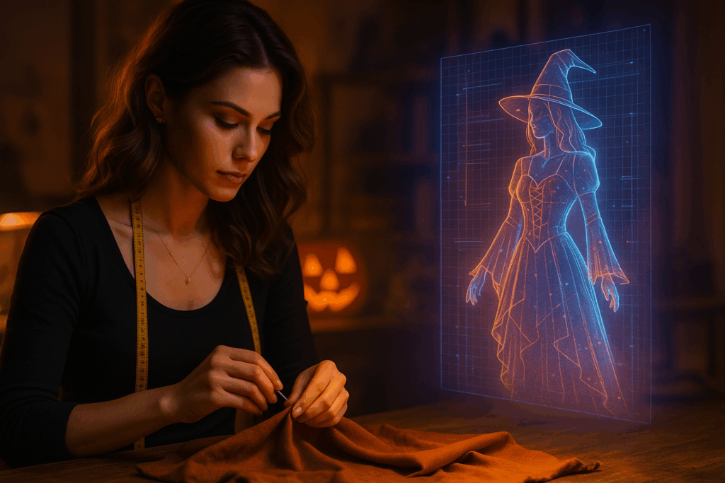 Werkstatt- oder Atelier-Stimmung – Lisa näht, bastelt, oder überprüft Material, im Hintergrund leuchtet digitaler Entwurf.