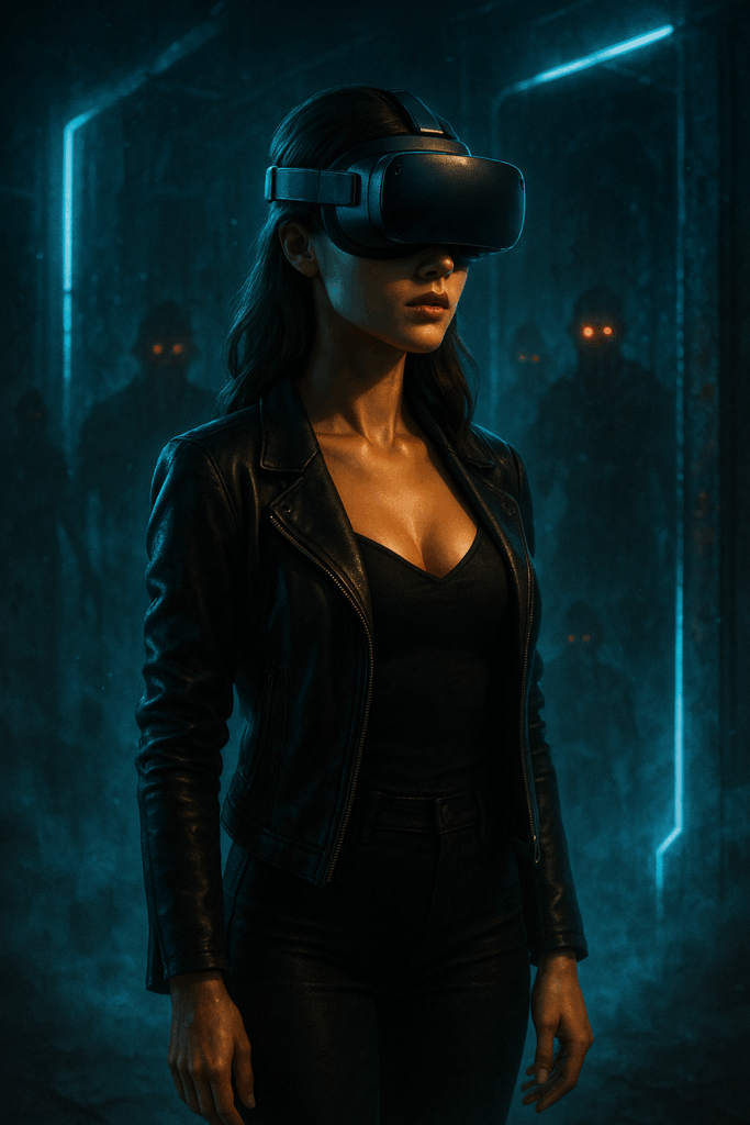 Lisa trägt ein VR-Headset, im Hintergrund sind die Konturen einer digitalen Horrorwelt zu erkennen. Ihr Gesicht zeigt Spannung.