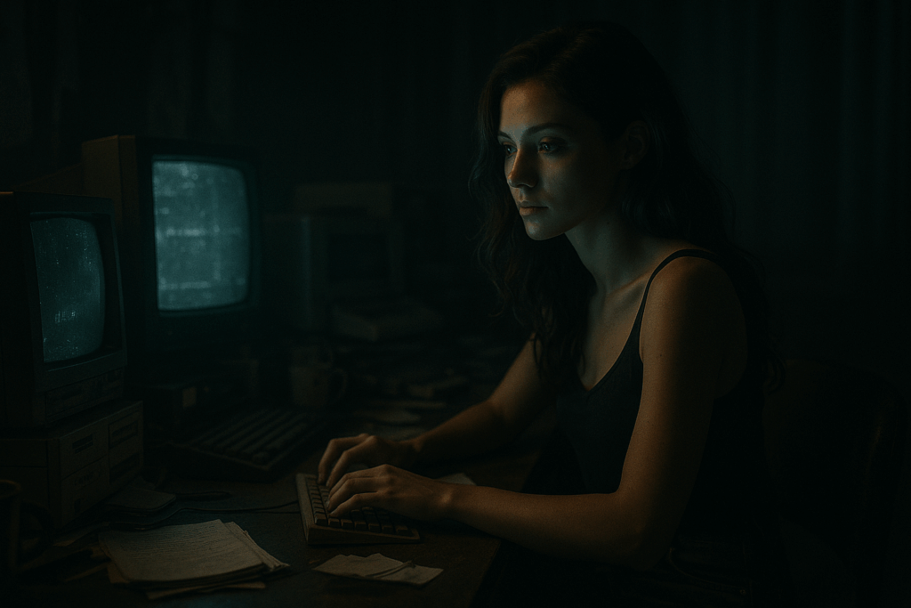 Lisa sitzt allein in der düsteren Redaktion, vor mehreren alten Monitoren. Das Licht vom Bildschirm reflektiert auf ihrem Gesicht.