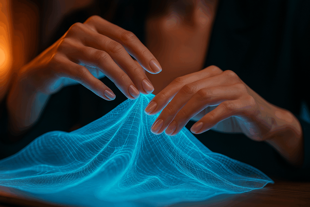 Close-up von Händen, die digitale Texturen oder holografische Stoffe berühren.