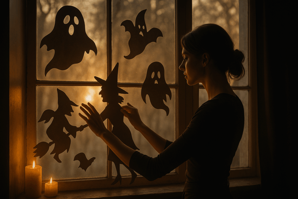 Schattenfiguren auf Fenster, Frau davor im Profil.