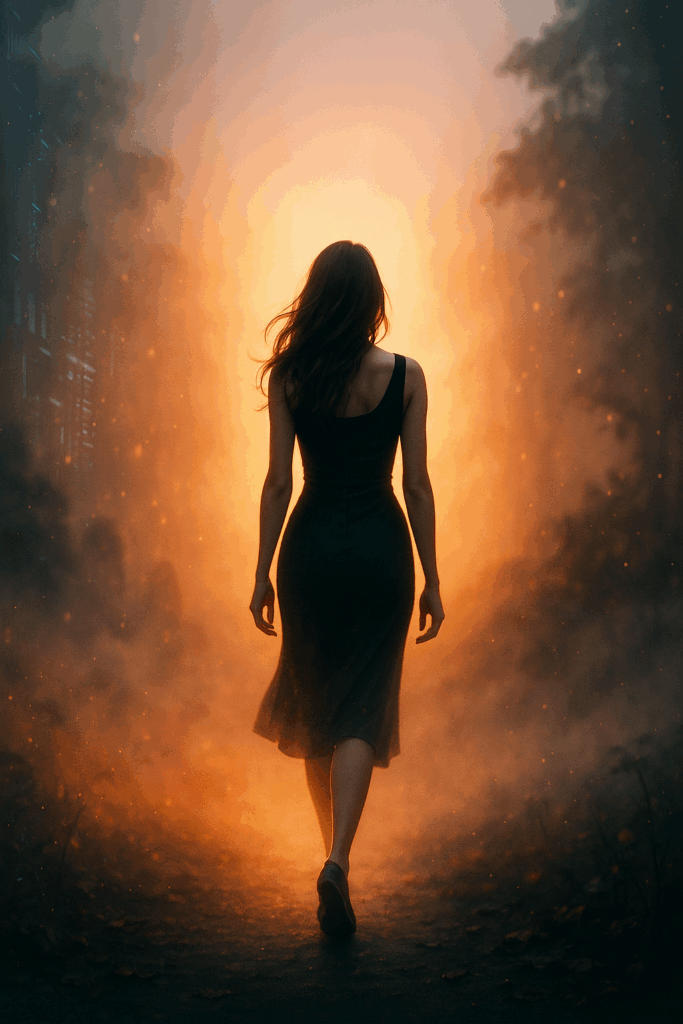 Symbolisches Schlussbild – dieselbe Frau steht zwischen Nebel und Licht, Blick nach vorn, ein Kürbis glüht zu ihren Füßen. Vergangenheit und Zukunft vereint.