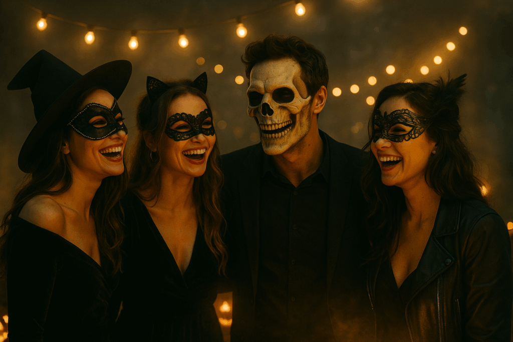 Eine kleine Gruppe von Menschen in Halloweenmasken lacht gemeinsam im Kerzenschein – elegant, mysteriös, cineastisch.