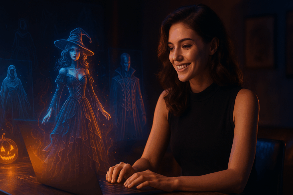 Lisa brainstormt digital – KI-Bilder und Textideen schweben holografisch um sie herum.