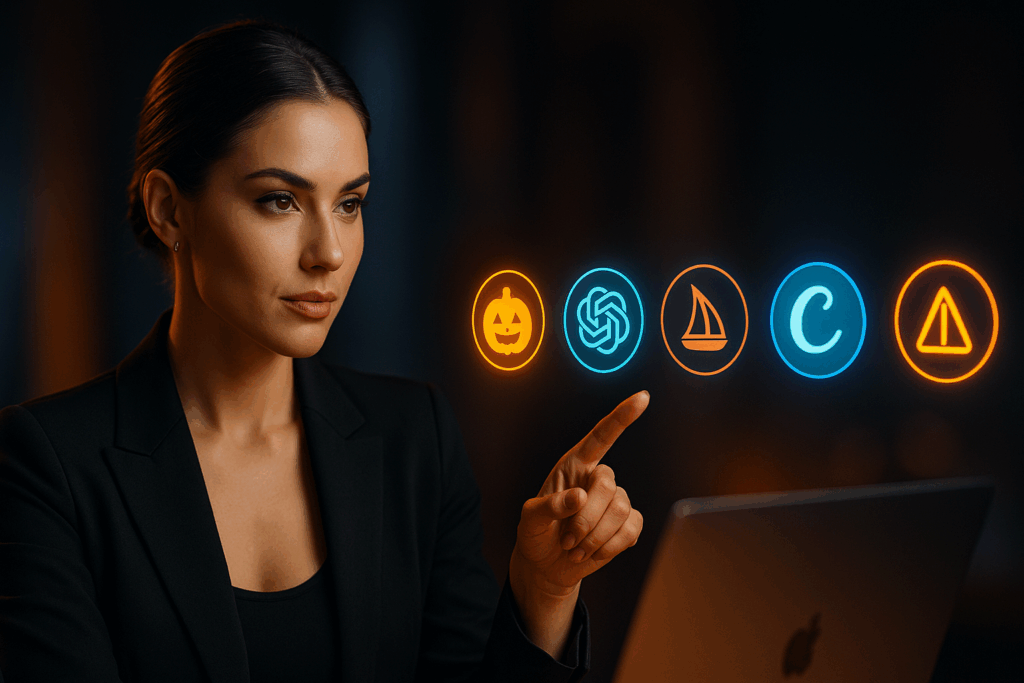 Lisa vor mehreren Bildschirmen mit Icons und KI-Logos, als visuelles “Dashboard”.