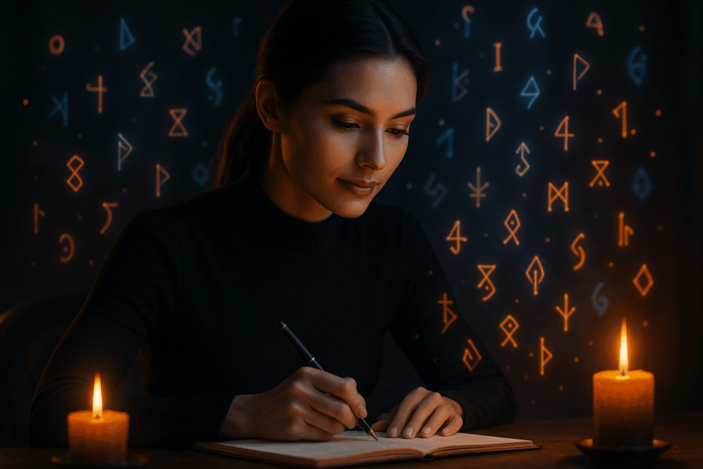 Lisa in ruhigem Moment – lächelnd, mit Notizbuch, während KI-Visuals schweben. Mischung aus Inspiration und Strategie.