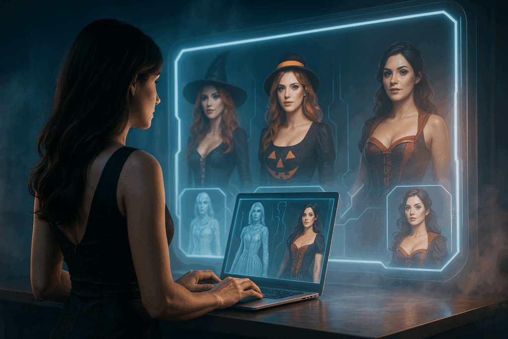 Frau betrachtet sich selbst in einem digitalen Spiegel, in verschiedenen Kostümen dargestellt.