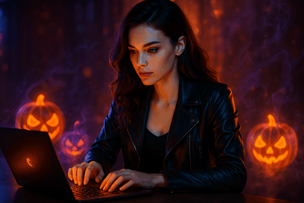 Eine elegante junge Frau (Lisa) in moderner Halloween-Ästhetik, arbeitet an Laptop im dunklen Raum, umgeben von holografischen Kürbissen, Lichtmustern, KI-Symbolen.