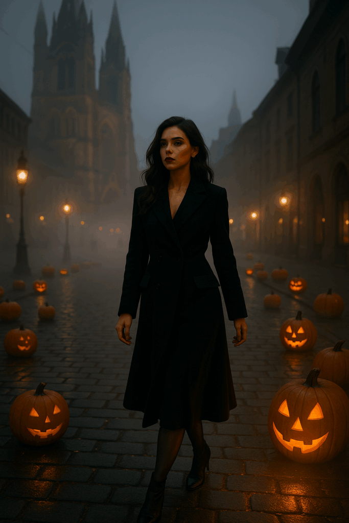 Moderne Szene – elegante Frau steht auf einem europäischen Platz mit Kürbissen, Nebel, gotischer Architektur, Mode trifft Mythos.
