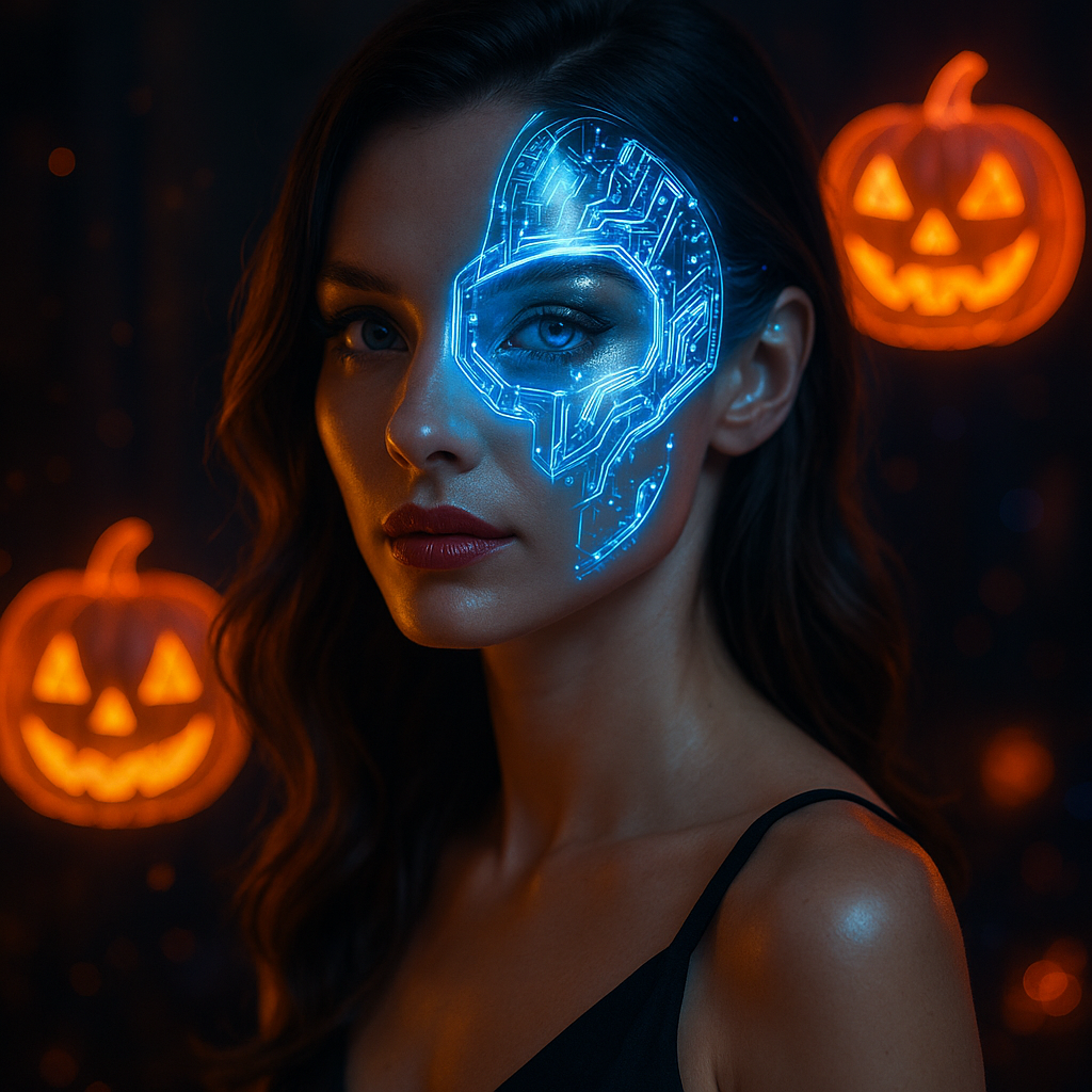 Virtuelle Halloween-Feier mit AR/VR – Frau mit leuchtender Maske, zwischen realer und digitaler Welt, Farben, Bewegung, Magie.