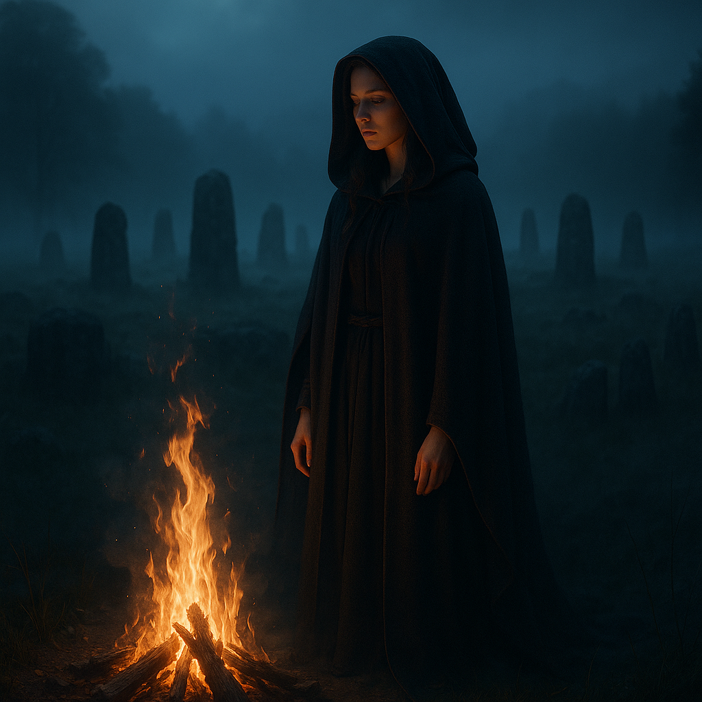 Eine mystische Szene im alten Irland – Nebel, Feuer, Steinkreise, eine Frau in dunklem Umhang steht vor einem brennenden Ritualfeuer.