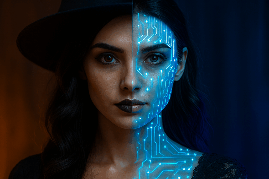 Eine Frau steht zwischen zwei Welten – links klassische Halloween-Kulisse (Kerzen, Kürbis), rechts digitale Matrix-Ästhetik.