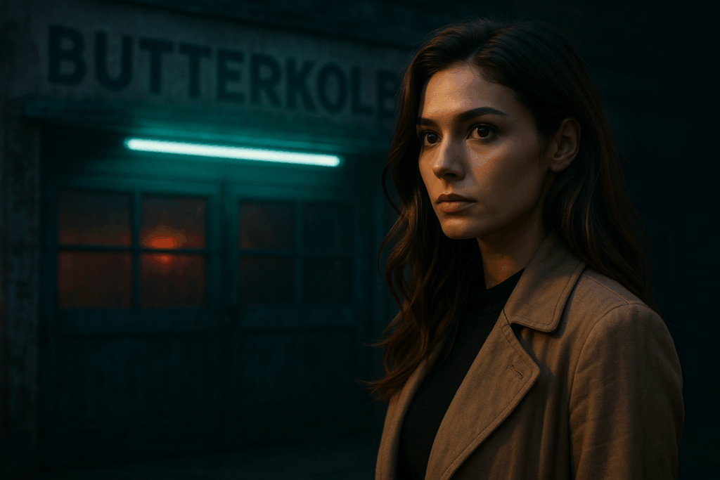Lisa an ihrem ersten Arbeitstag, steht vor der heruntergekommenen Redaktion in der Abenddämmerung. Sie trägt Mantel, ihre Silhouette sexy-elegant, die Szenerie wirkt subtil bedrohlich.