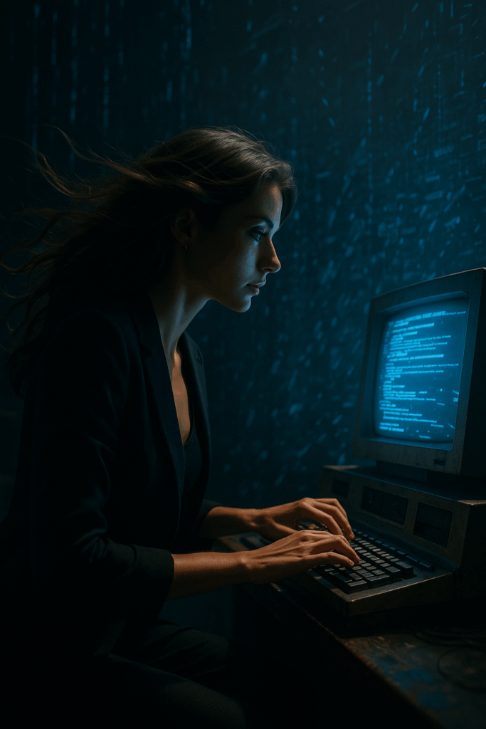 Lisa schreibt hektisch auf einem Terminal, Code bricht zusammen, Licht explodiert – sie im Zentrum, heroisch, aufrecht.