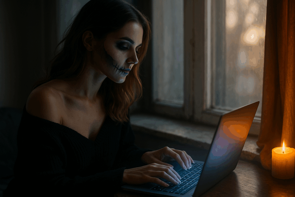 Morgendämmerung nach der Halloween-Nacht – Lisa sitzt lächelnd am Laptop, noch leicht geschminkt, zufrieden.