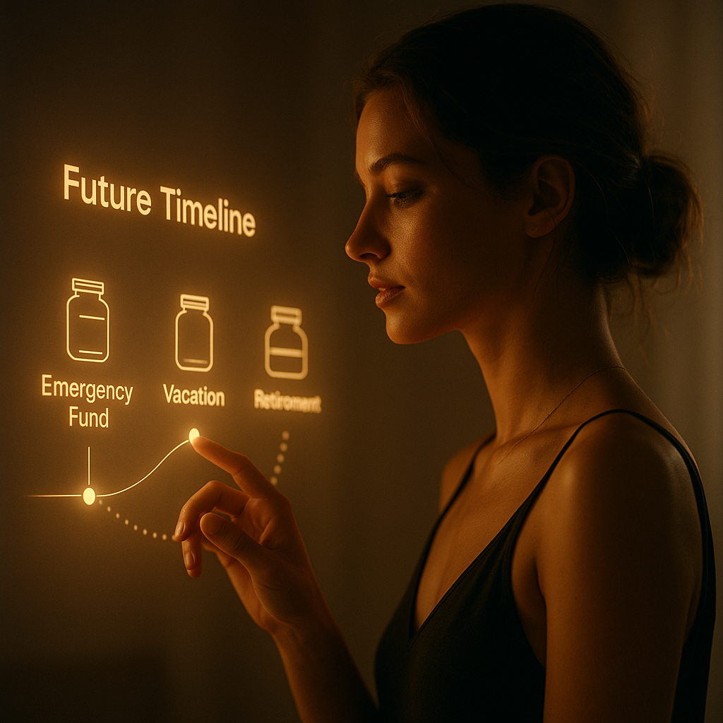 Frau blickt aus einem Fenster in eine futuristische Skyline, um sie herum schweben finanzielle Zukunftsprognosen, Forecast-Kurven und Sparziele.