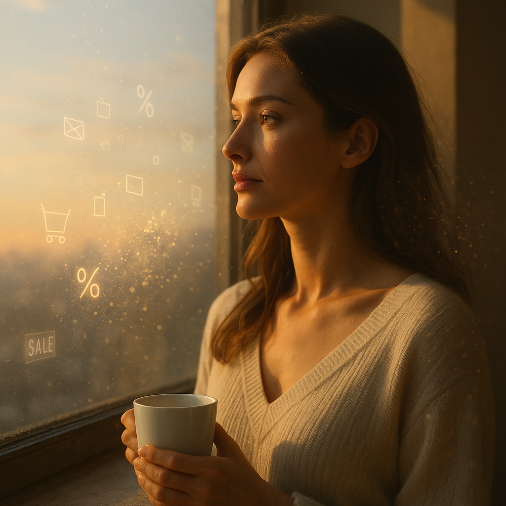 Lisa am Fenster bei Sonnenaufgang; die digitalen Hologramme des Black Fridays verblassen; eine starke, selbstreflektierte, sexy-ruhige Bildsprache.