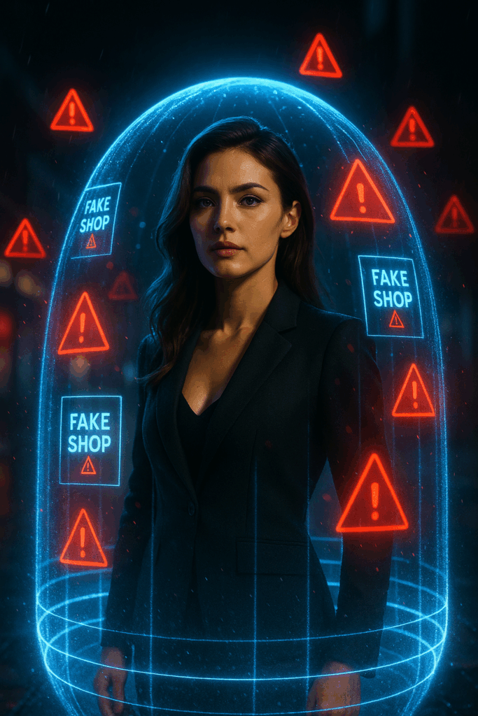 Frau hinter digitalem Schutzschild, Fake-Shops prallen als rote Warnsymbole ab, klare Cinematic-Action-Ästhetik.