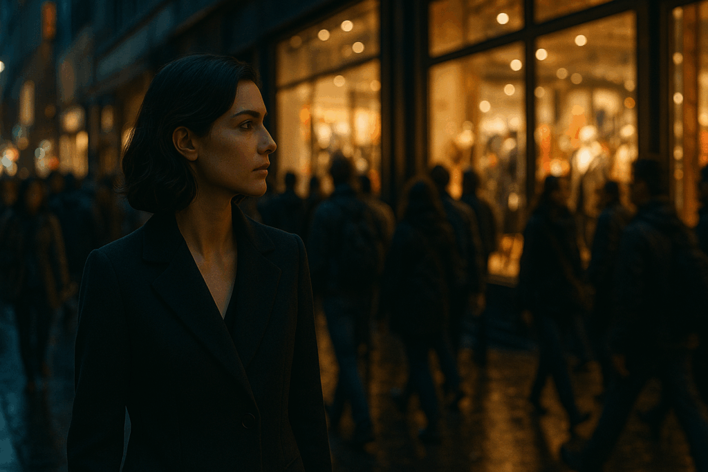 Energie, Bewegung, Menschenmengen, visuelles Fieber. Frau beobachtet die Szene von außen – ruhig, analytisch.