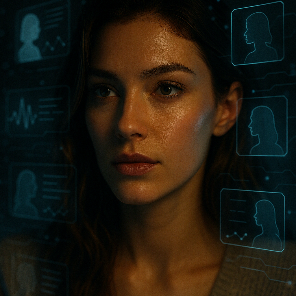 Lisa in einer High-Tech-Szene; transparente Data-Layers um ihr Gesicht, KI-Diagramme, Heatmaps, psychografische Profile, futuristische Spiegelung.