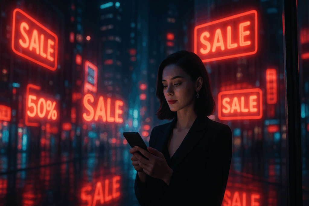 Urbaner Konsumrausch, digitale Überflutung, Frau mit Smartphone zwischen Werbung und Daten.