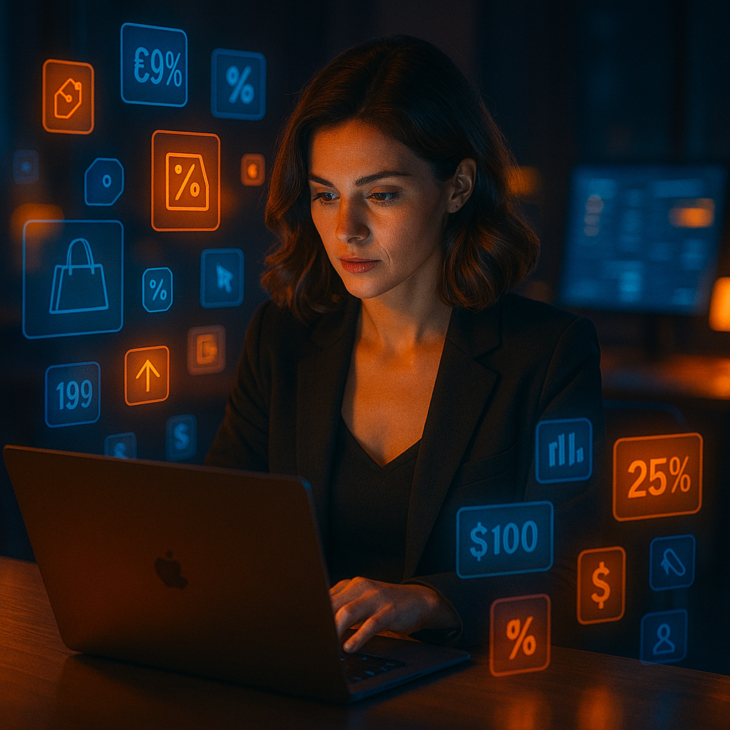 Lisa in einer Nachtaufnahme: Schreibtisch voller Geräte, Notizen, halb geleerte Kaffeetasse.
Hinter ihr schweben holographische Preisalarme, einige grün, andere rot.
Sie wirkt konzentriert, müde, aber zufrieden.