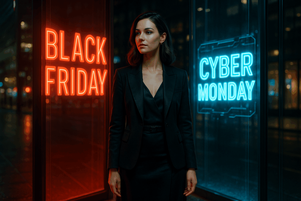Eine elegante Frau steht zwischen zwei Welten: links ein grelles Black-Friday-Chaos, rechts kühle Cyber-Monday-Datenästhetik. Licht und Schatten symbolisieren Entscheidungsdruck und Klarheit.