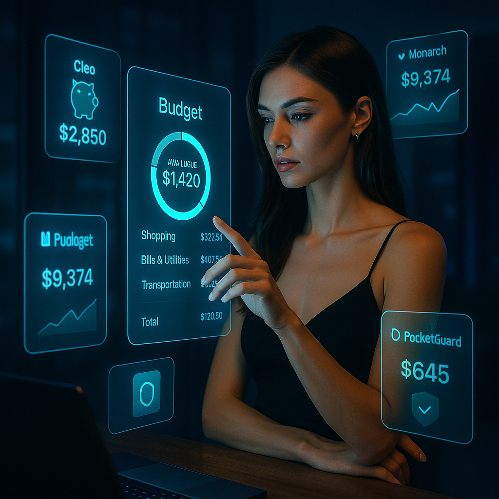 Sexy-elegante Frau in einem dunklen Raum, umgeben von leuchtenden App-Interfaces (Cleo, Monarch, PocketGuard etc.). Fokus auf UI-Hologramme und futuristische Lichtinszenierung.