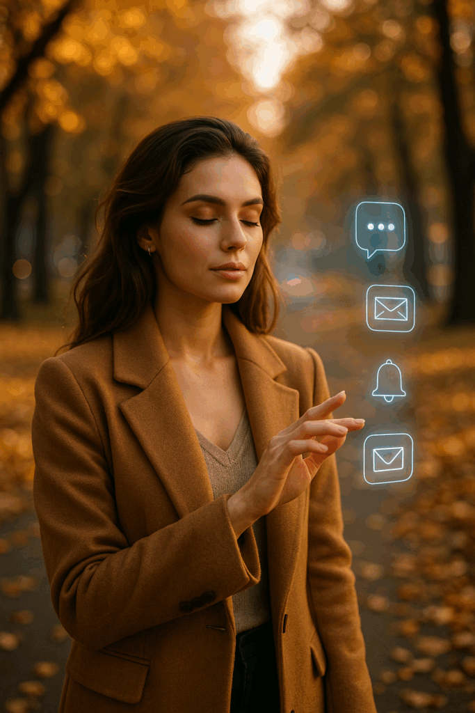 Elegante Frau im herbstlichen Großstadtpark, umgeben von goldenem Laub – im Kontrast leuchtende digitale Reizsignale (Hologramme, Benachrichtigungen), die sie ruhig wegschiebt.