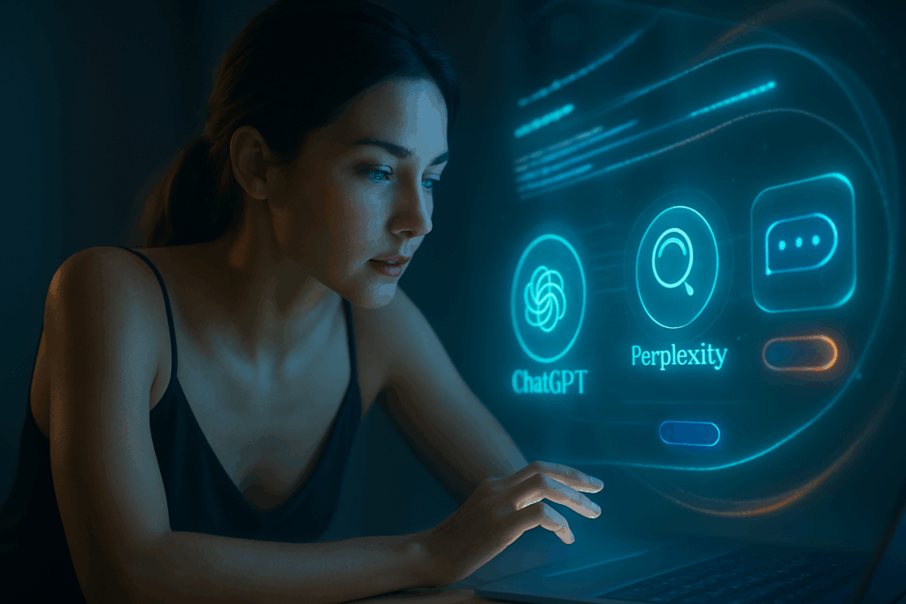 Frau mit KI-Avataren, fließenden Datenlinien, weichem Licht – “digitale Beratung”.