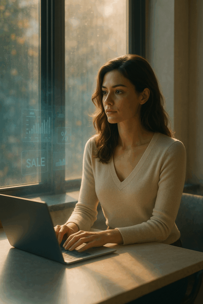 Morgenlicht, Lisa sitzt entspannt am Fenster mit Laptop, das Sonnenlicht reflektiert Datenprojektionen.
Symbol für Balance zwischen Mensch und Maschine.