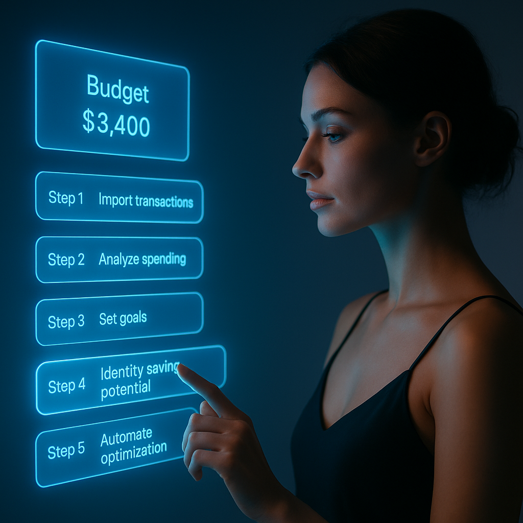 Frau an einem Tisch, strukturiert, fokussiert – holografische Schritte und Checklisten schweben vor ihr. Sehr clean und minimalistisch, aber visuell überwältigend.