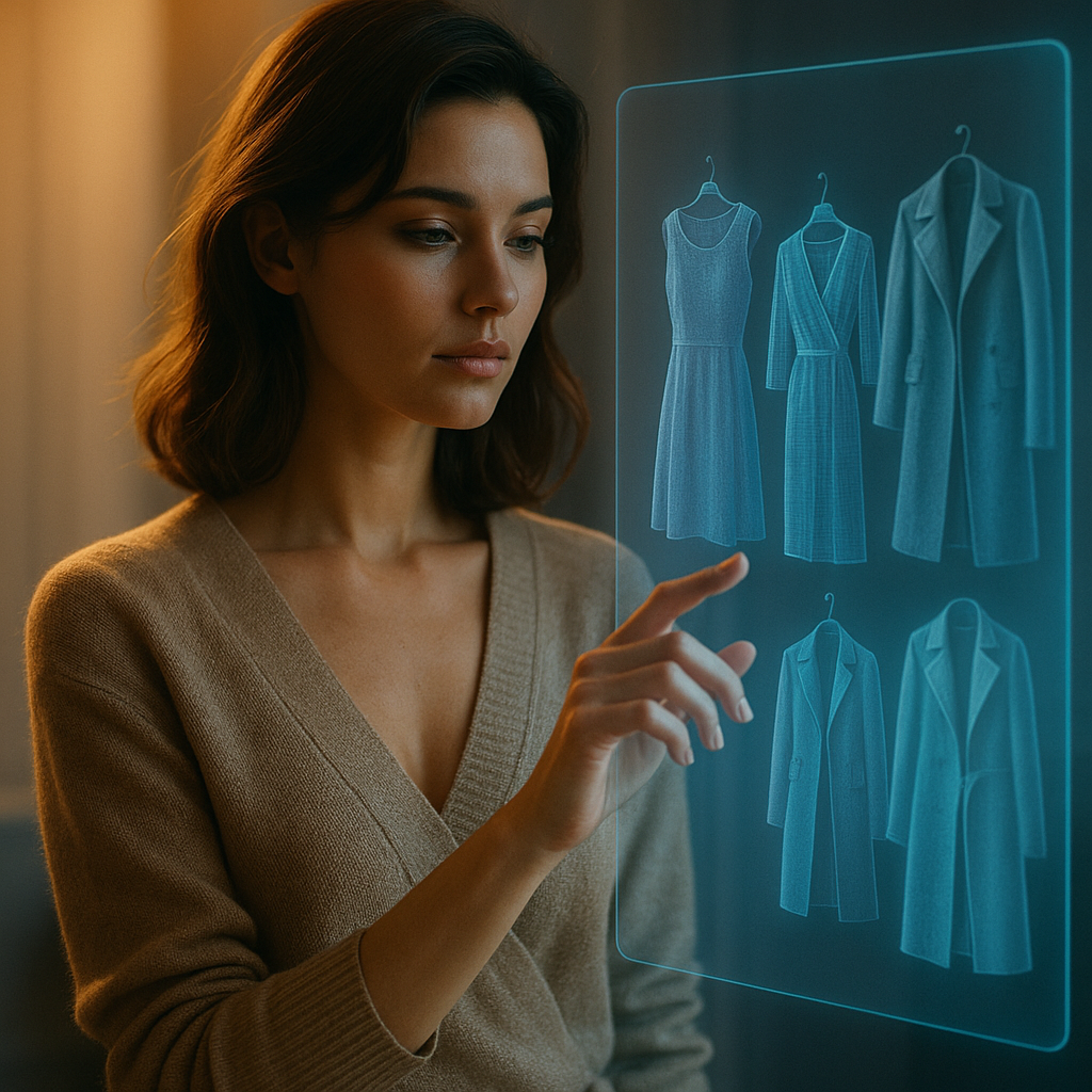 Frau sitzt an einem Tisch oder vor einem Spiegel, umgeben von holografischen Outfit-Vorschlägen, Tablets und digitalen Mode-Interfaces – Mischung aus Mode und Technologie.