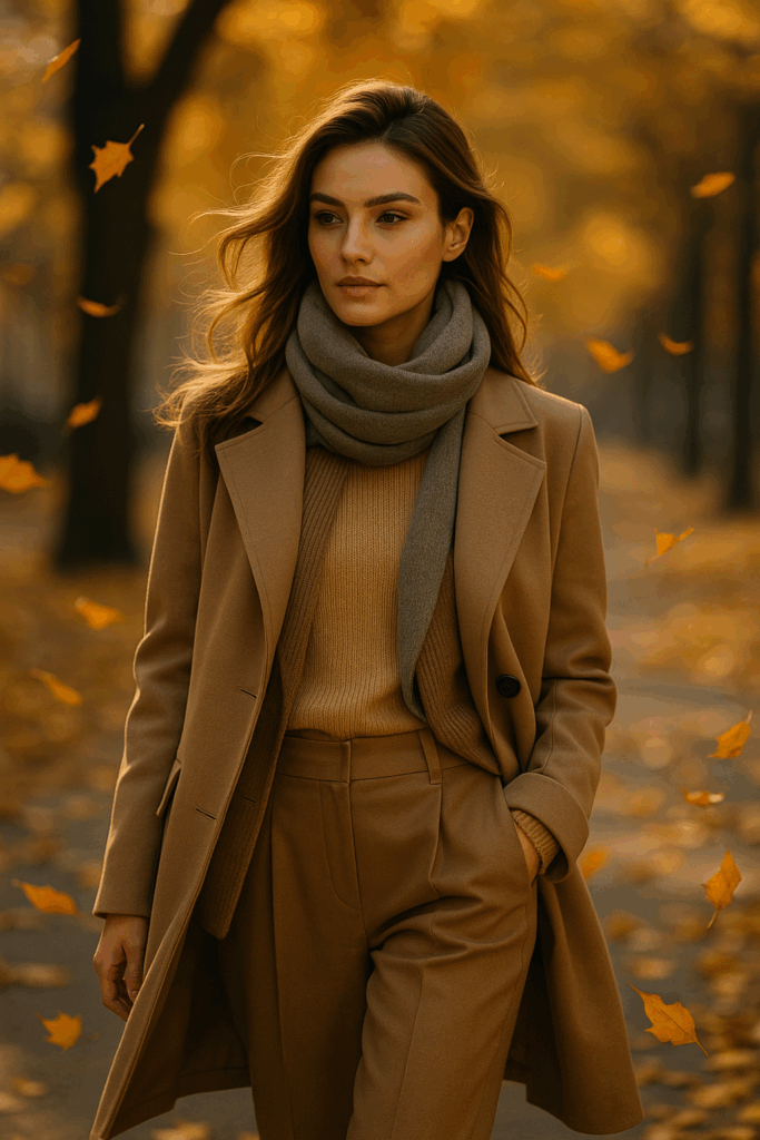 Outdoor-Szene im goldenen Herbstlicht: elegante Frau im perfekten Lagenlook – Mantel, Strick, Bluse – in Bewegung, Wind im Haar, elegante Dynamik, leicht futuristischer Touch.