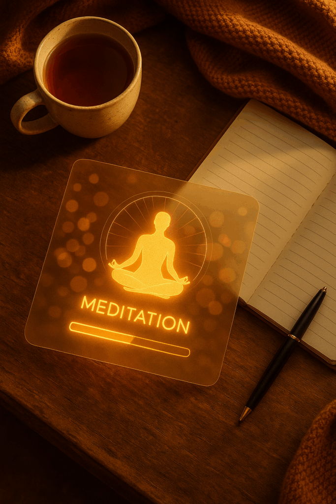 Flat-lay oder Szene: Frau in gemütlichem Raum mit Decke, Tee, Notizbuch und sanft glühenden KI-Hologrammen. Warmes Licht, cozy + futuristic.