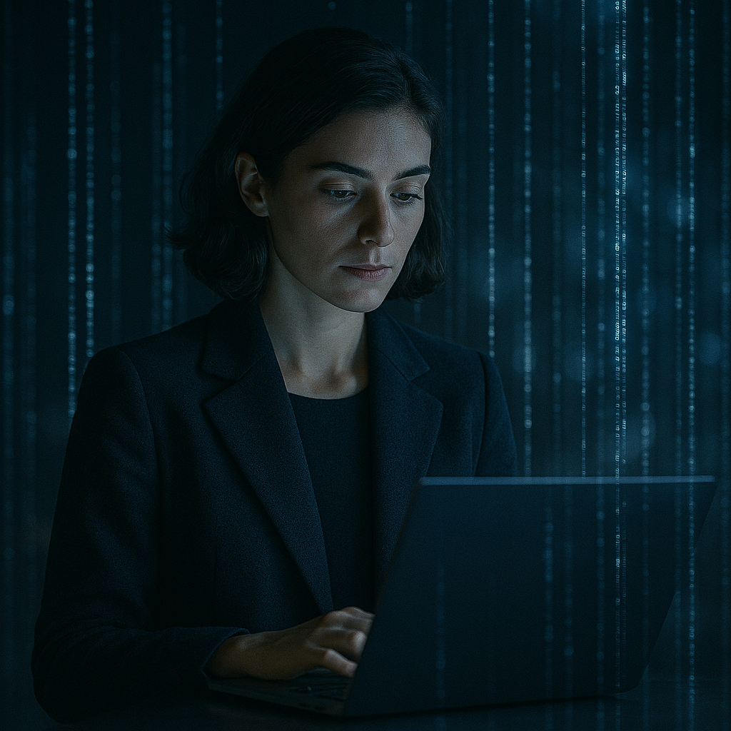 Digitale Ruhe – Frau arbeitet nachts am Laptop, Licht des Bildschirms, Datenvisualisierungen im Hintergrund.