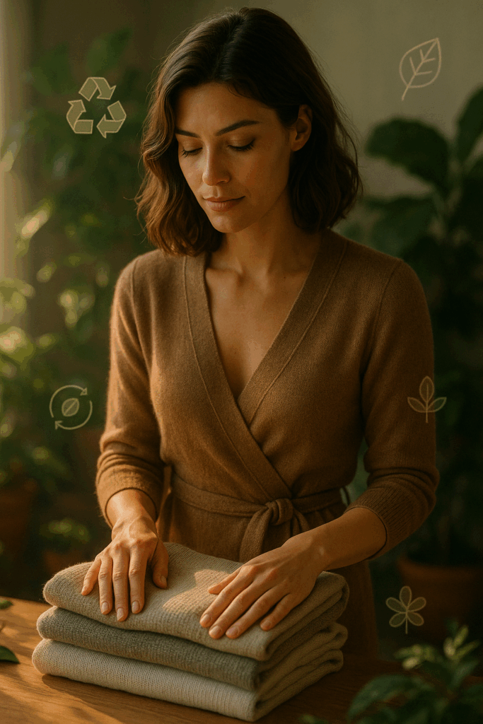 Nachhaltige Mode trifft Eleganz: Frau sortiert oder kombiniert hochwertige Materialien, im Hintergrund Pflanzen, recycelte Stoffe, digitale Symbole für Kreislaufwirtschaft – natürlich und modern zugleich.