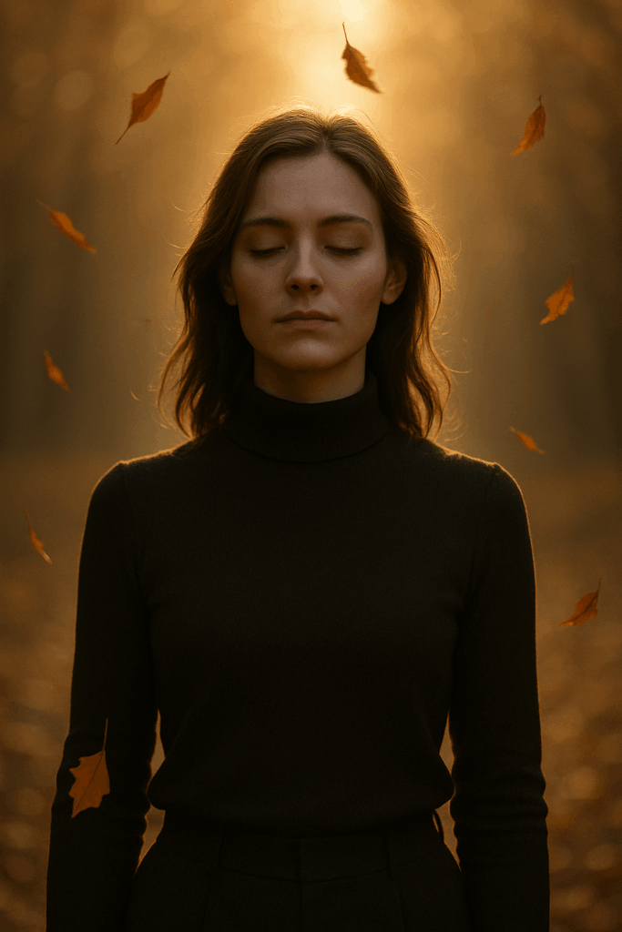 Frau steht auf einem Waldweg voller golden-roter Blätter, trägt einen warmen Mantel, hält die Arme leicht geöffnet, als würde sie die Jahreszeit einatmen. Licht stark, emotional, edel.