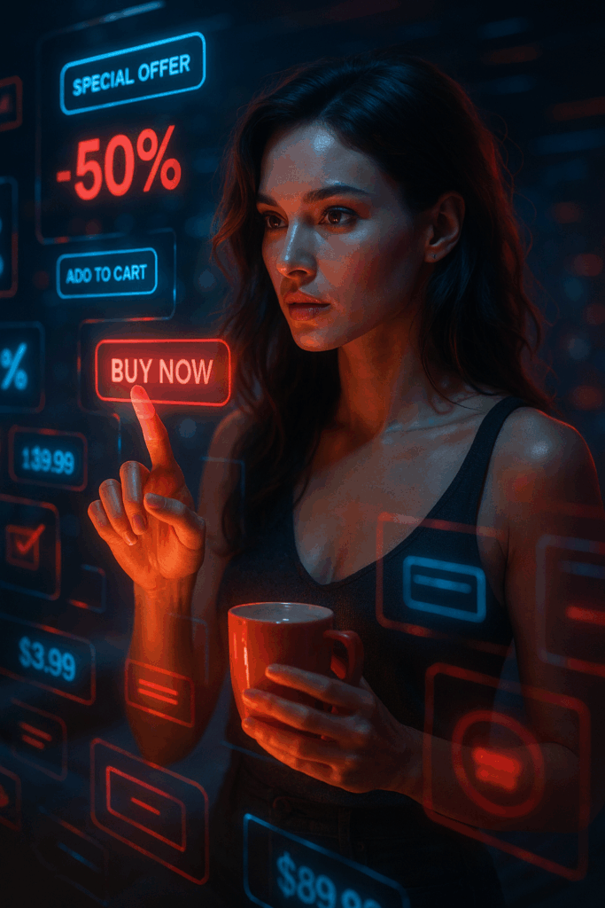 Mysteriöse Szene: futuristische Shop-Oberfläche schwebt um Lisa herum wie ein Labyrinth; Buttons manipulativ hervorgehoben; „kostenloser Versand“-Glühen; Preise live verändert.