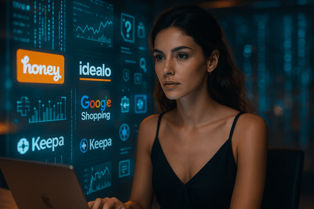 Lisa sitzt vor mehreren Bildschirmen mit Diagrammen, Algorithmen und Suchverläufen.
Digitale Linien vernetzen die Geräte um sie herum – Symbol für Preisvergleichs-KI in Aktion.