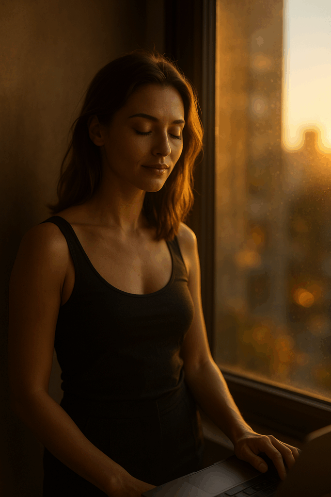 Frau schließt Laptop, goldenes Morgenlicht, digitale Symbole lösen sich friedlich auf. Emotional, sexy, ruhig.