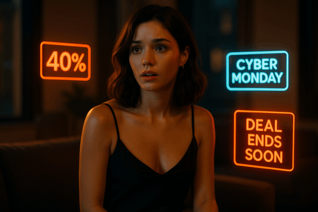Eine elegante, stylische Frau in sexy, aber seriöser Ästhetik sitzt in einem modernen Wohnzimmer. Um sie herum schweben holografische Cyber-Monday-Deals und digitale Rabattschilder. Ihr Gesicht zeigt leichte Überforderung – aber in ästhetischer, filmischer Weise.
