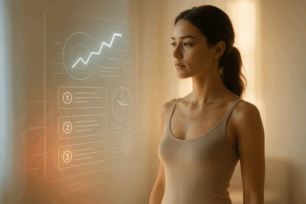 Hero shot: Frau vor digitalem “5-Step Plan”, holografische Treppe, strukturierte futuristische Visualisierung.